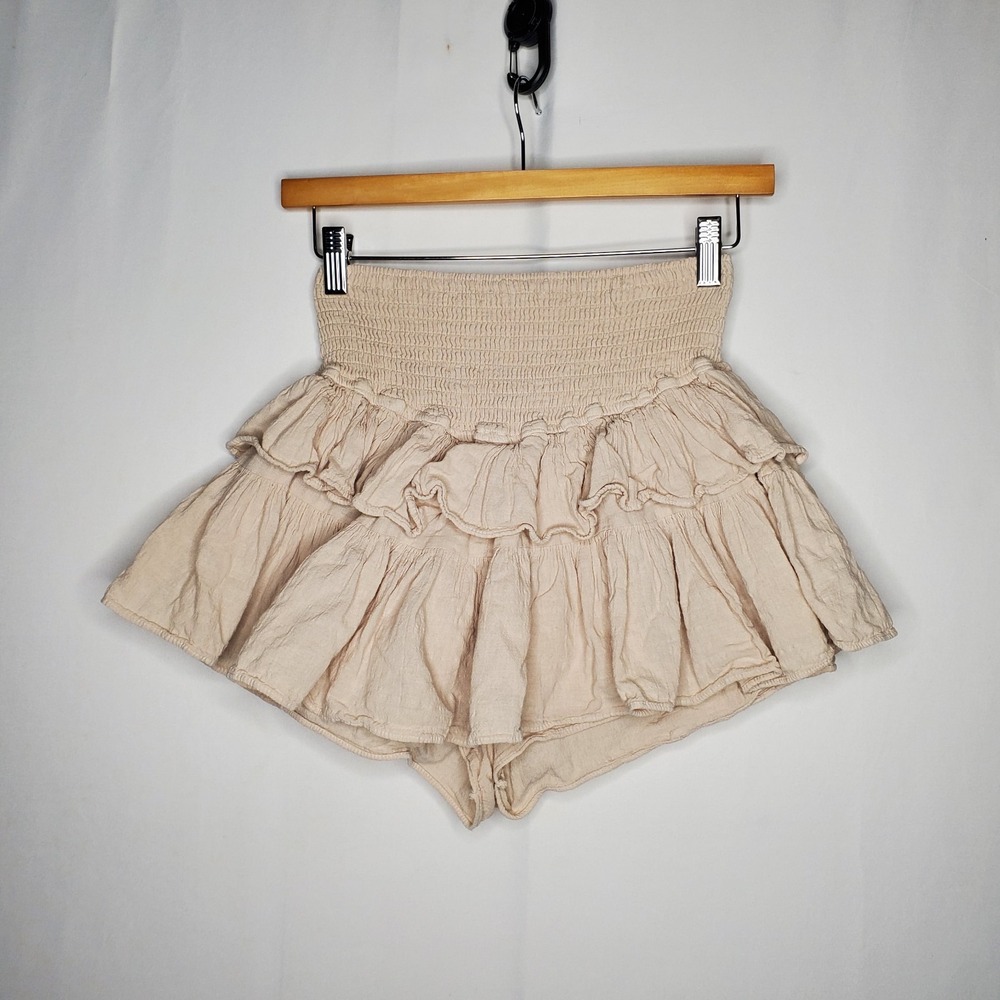 Blanco By Nature Skort Medium‎ Smocked Ruffle Tier Beige Gauze Cotton Boho Beach